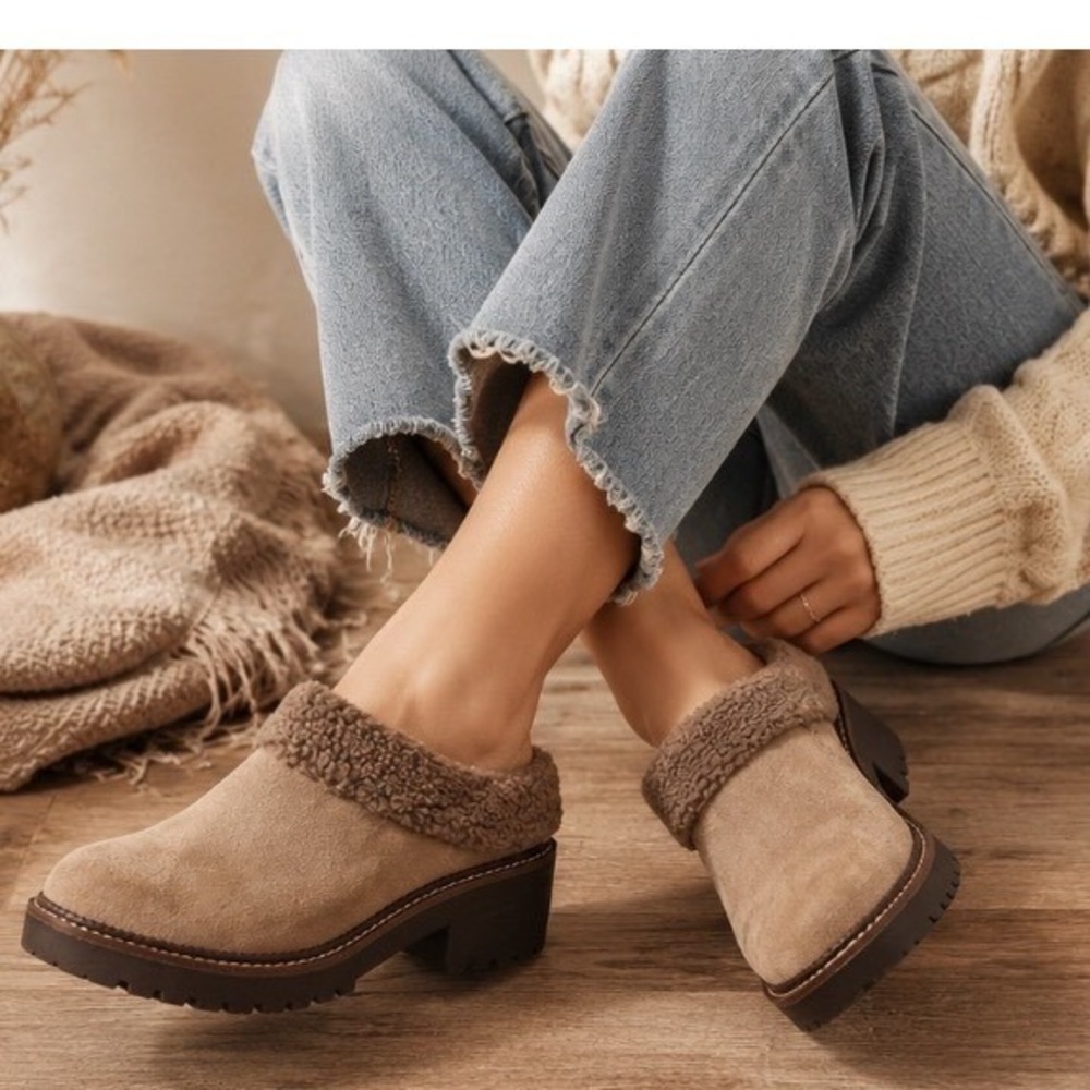 Caslon Maddock Tan Suede Faux‎ Fur Lined Lug Sole Mule Clogs Womens 9.5M